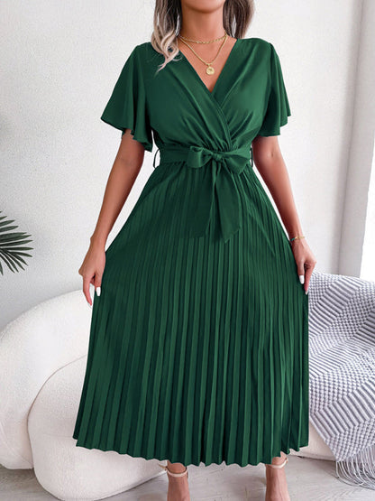 Casual Dresses- Belted Surplice V-Neck Midi Dress in Solid Color- - IndioGear Fashion and Gear