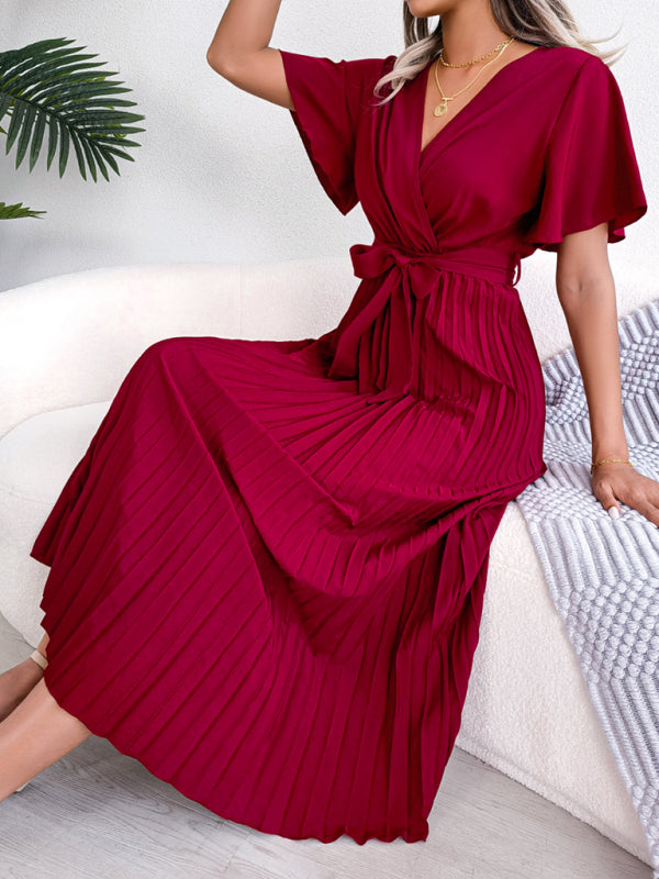 Casual Dresses- Belted Surplice V-Neck Midi Dress in Solid Color- - IndioGear Fashion and Gear