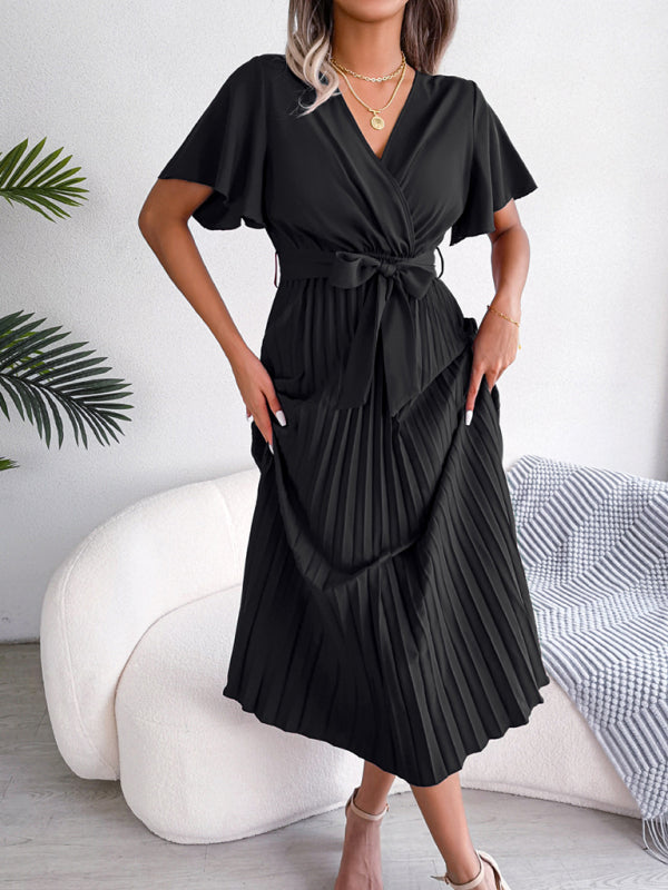 Casual Dresses- Belted Surplice V-Neck Midi Dress in Solid Color- - IndioGear Fashion and Gear