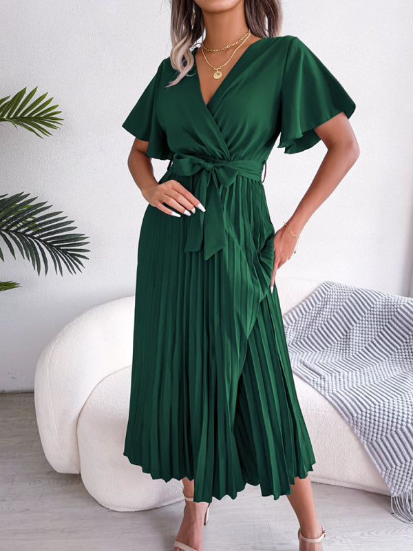 Casual Dresses- Belted Surplice V-Neck Midi Dress in Solid Color- - IndioGear Fashion and Gear