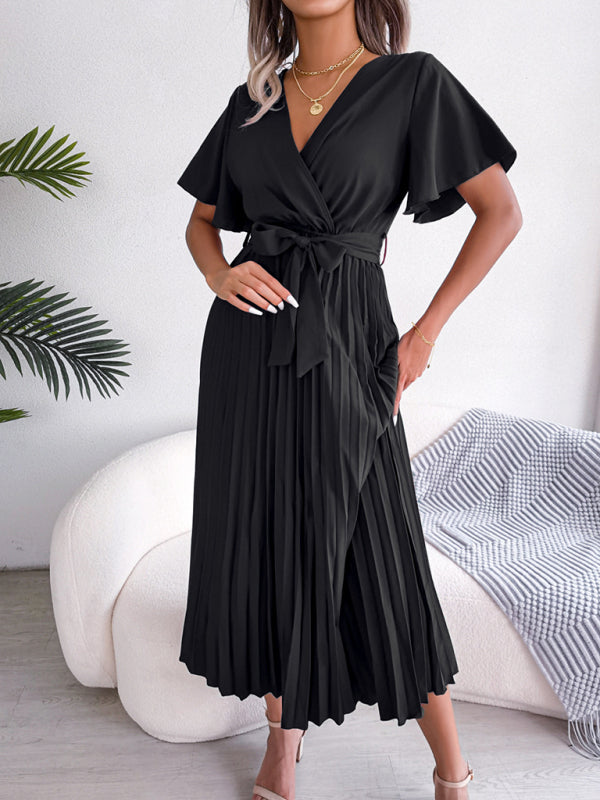 Casual Dresses- Belted Surplice V-Neck Midi Dress in Solid Color- - IndioGear Fashion and Gear