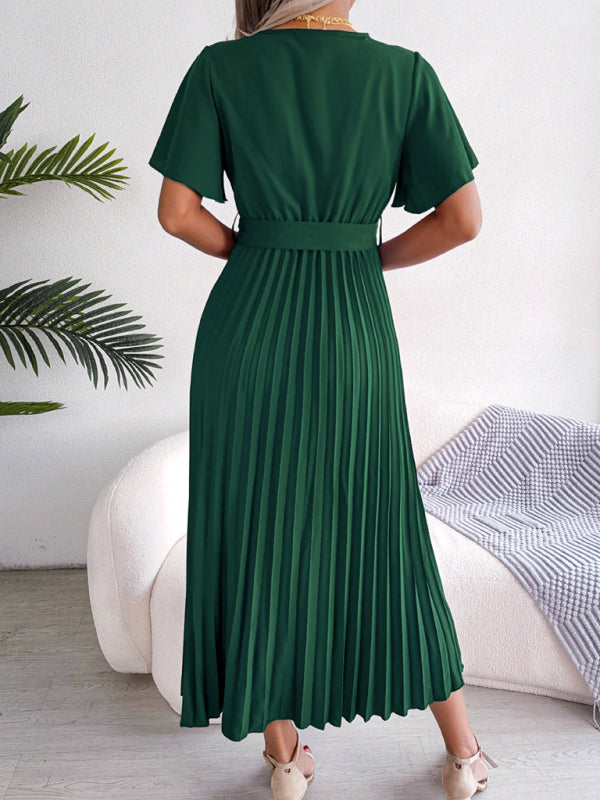 Casual Dresses- Belted Surplice V-Neck Midi Dress in Solid Color- - IndioGear Fashion and Gear