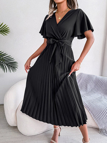 Casual Dresses- Belted Surplice V-Neck Midi Dress in Solid Color- Black- IndioGear Fashion and Gear