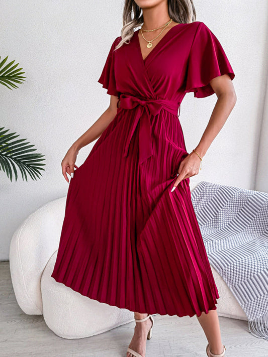 Casual Dresses- Belted Surplice V-Neck Midi Dress in Solid Color- Red- IndioGear Fashion and Gear