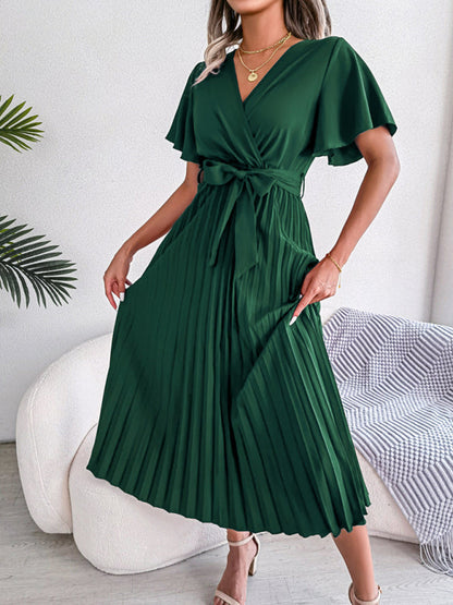 Casual Dresses- Belted Surplice V-Neck Midi Dress in Solid Color- Green- IndioGear Fashion and Gear