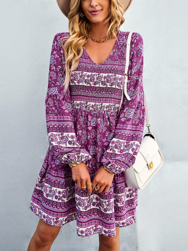 Casual Dresses- Bohemian Smocked Bodice Long Sleeve Dress for Fall Casuals- Purple- IndioGear Clothing and Gear