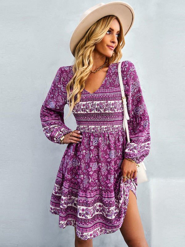 Casual Dresses- Bohemian Smocked Bodice Long Sleeve Dress for Fall Casuals- - IndioGear Clothing and Gear