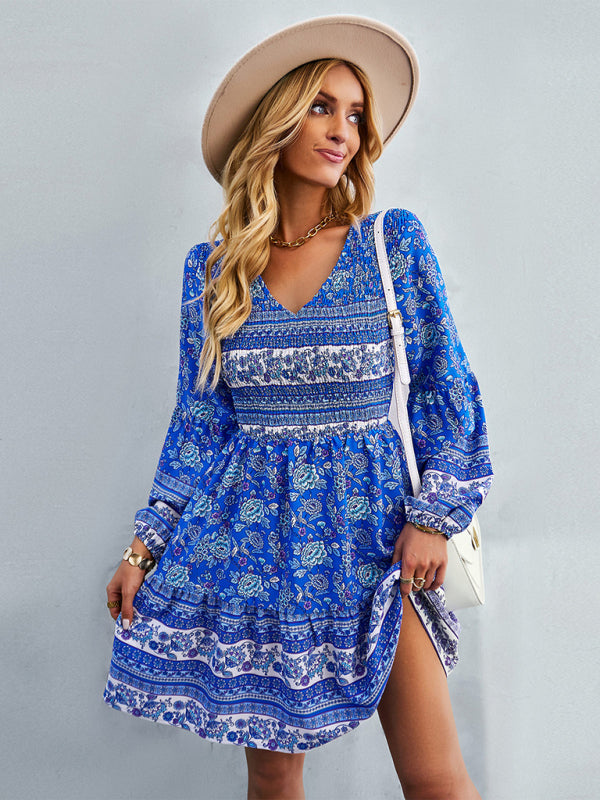 Casual Dresses- Bohemian Smocked Bodice Long Sleeve Dress for Fall Casuals- Blue- IndioGear Clothing and Gear