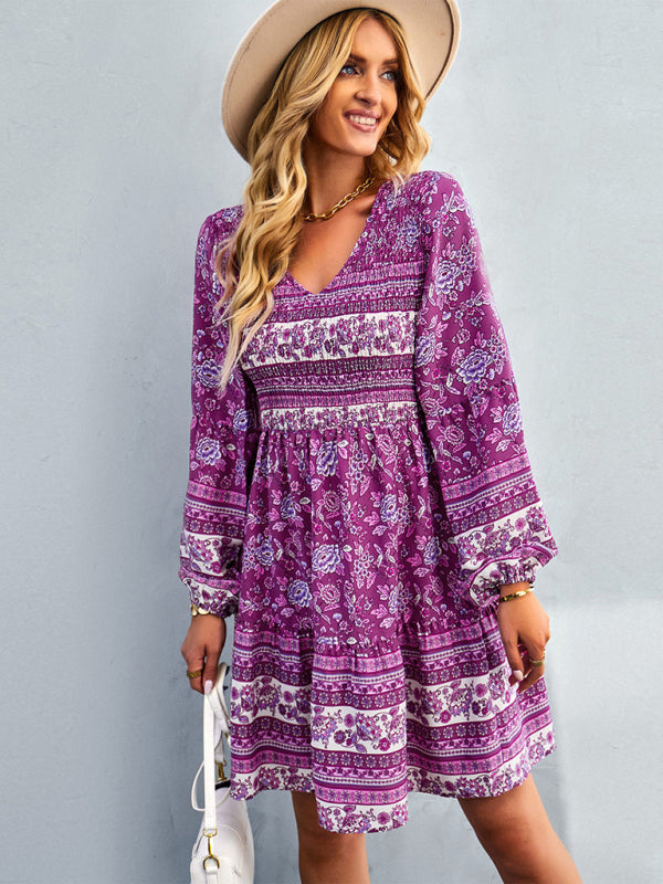 Casual Dresses- Bohemian Smocked Bodice Long Sleeve Dress for Fall Casuals- - IndioGear Clothing and Gear