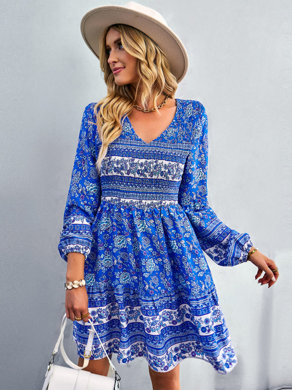 Casual Dresses- Bohemian Smocked Bodice Long Sleeve Dress for Fall Casuals- - IndioGear Clothing and Gear