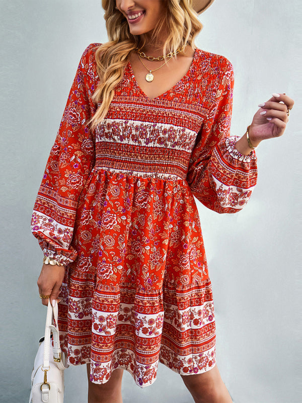 Casual Dresses- Bohemian Smocked Bodice Long Sleeve Dress for Fall Casuals- Red- IndioGear Clothing and Gear