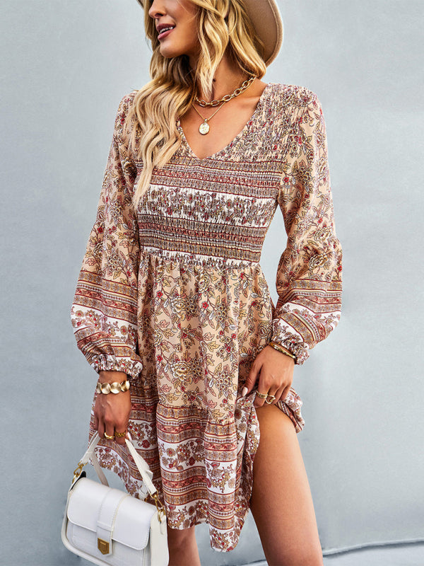 Casual Dresses- Bohemian Smocked Bodice Long Sleeve Dress for Fall Casuals- - IndioGear Clothing and Gear