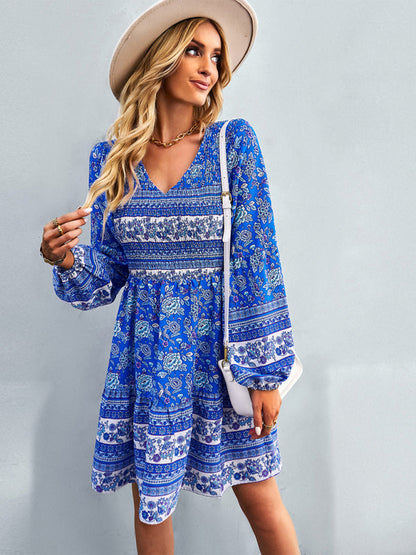 Casual Dresses- Bohemian Smocked Bodice Long Sleeve Dress for Fall Casuals- - IndioGear Clothing and Gear