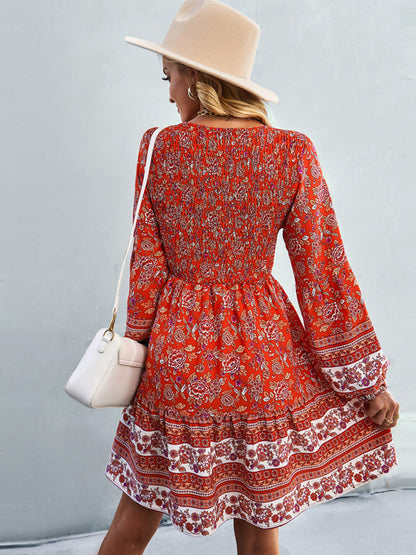 Casual Dresses- Bohemian Smocked Bodice Long Sleeve Dress for Fall Casuals- - IndioGear Clothing and Gear