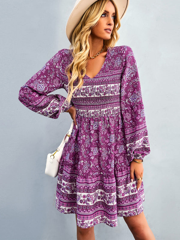 Casual Dresses- Bohemian Smocked Bodice Long Sleeve Dress for Fall Casuals- - IndioGear Clothing and Gear