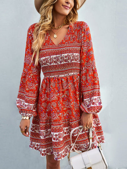 Casual Dresses- Bohemian Smocked Bodice Long Sleeve Dress for Fall Casuals- - IndioGear Clothing and Gear