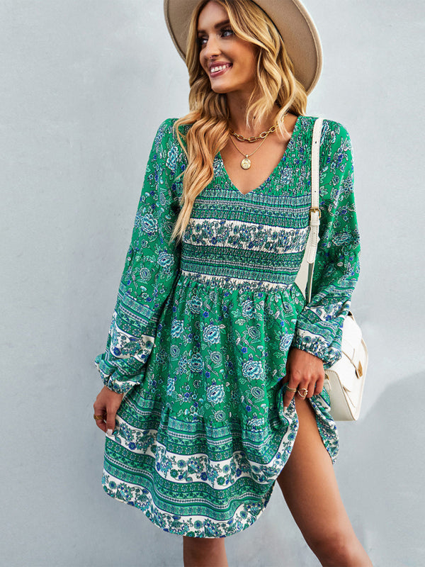 Casual Dresses- Bohemian Smocked Bodice Long Sleeve Dress for Fall Casuals- - IndioGear Clothing and Gear