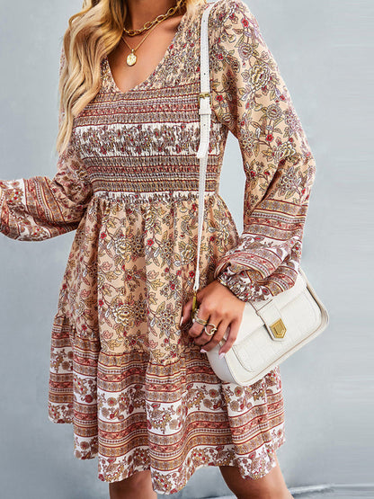 Casual Dresses- Bohemian Smocked Bodice Long Sleeve Dress for Fall Casuals- - IndioGear Clothing and Gear