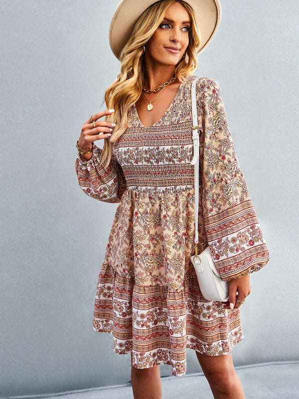 Casual Dresses- Bohemian Smocked Bodice Long Sleeve Dress for Fall Casuals- - IndioGear Clothing and Gear