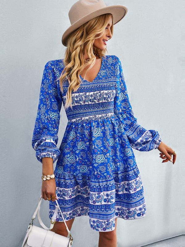 Casual Dresses- Bohemian Smocked Bodice Long Sleeve Dress for Fall Casuals- - IndioGear Clothing and Gear