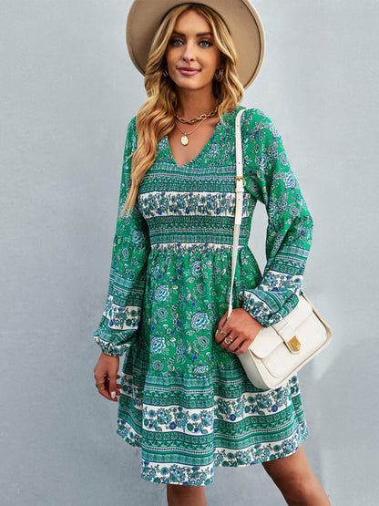 Casual Dresses- Bohemian Smocked Bodice Long Sleeve Dress for Fall Casuals- Green- IndioGear Clothing and Gear