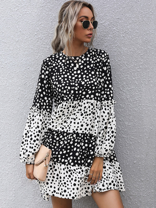 Casual Dresses- Dotty Print Long Sleeve Dress- Black- IndioGear Clothing and Gear