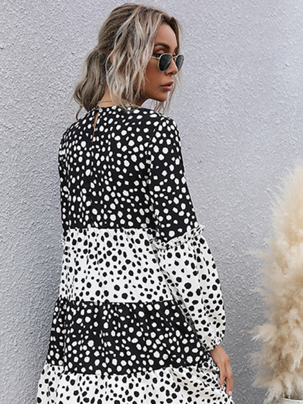 Casual Dresses- Dotty Print Long Sleeve Dress- - IndioGear Clothing and Gear