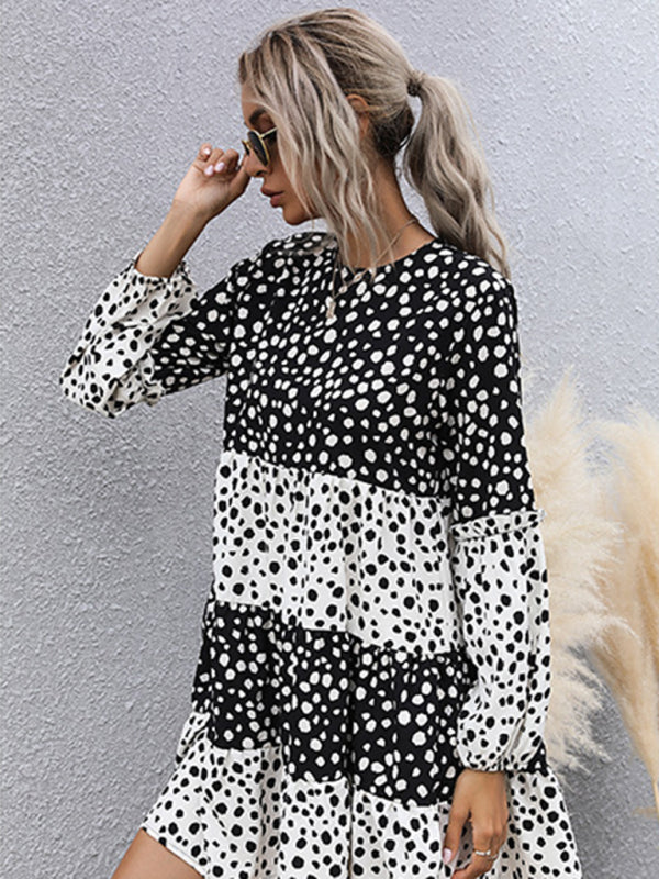 Casual Dresses- Dotty Print Long Sleeve Dress- - IndioGear Clothing and Gear