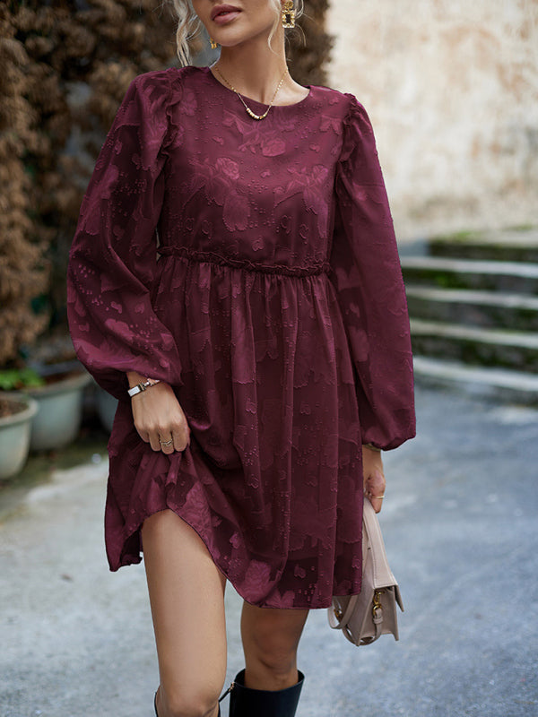 Casual Dresses- Floral Jacquard A-Line Dress with Lantern Sleeves & Frills- Wine Red- IndioGear Clothing and Gear