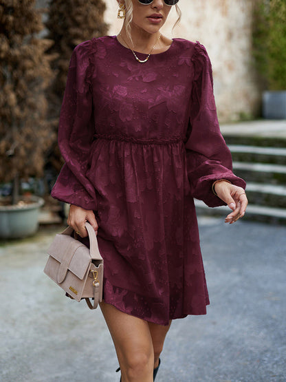 Casual Dresses- Floral Jacquard A-Line Dress with Lantern Sleeves & Frills- - IndioGear Clothing and Gear