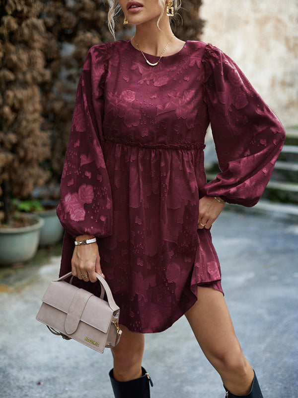 Casual Dresses- Floral Jacquard A-Line Dress with Lantern Sleeves & Frills- - IndioGear Clothing and Gear