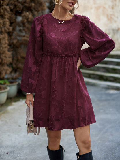 Casual Dresses- Floral Jacquard A-Line Dress with Lantern Sleeves & Frills- - IndioGear Clothing and Gear