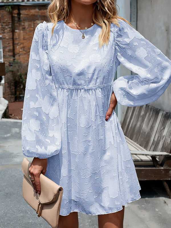 Casual Dresses- Floral Jacquard A-Line Dress with Lantern Sleeves & Frills- Blue grey- IndioGear Clothing and Gear