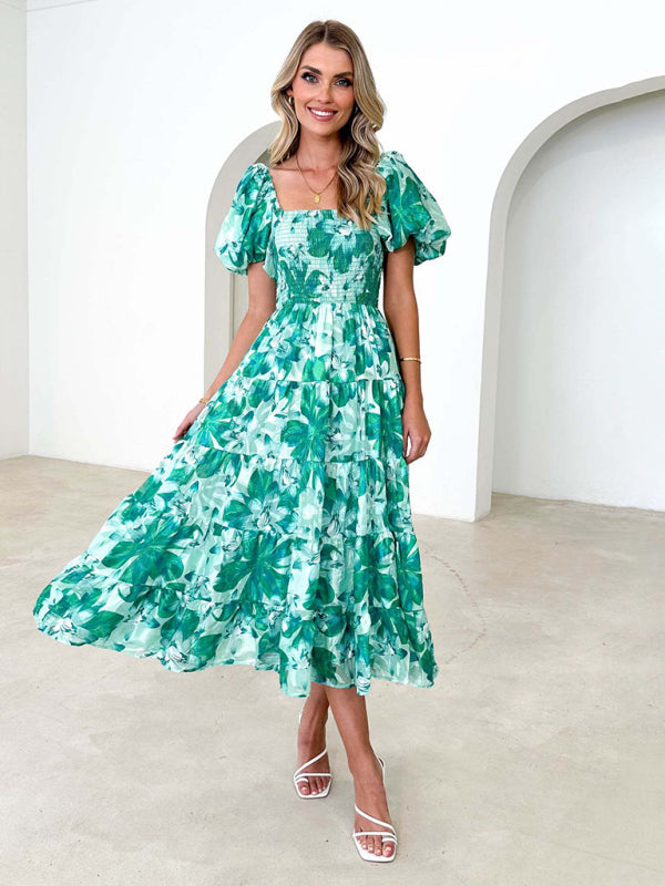 Casual Dresses- Floral Tiered Off Shoulder Smocked A-Line Midi Dress- Green- IndioGear Fashion and Gear