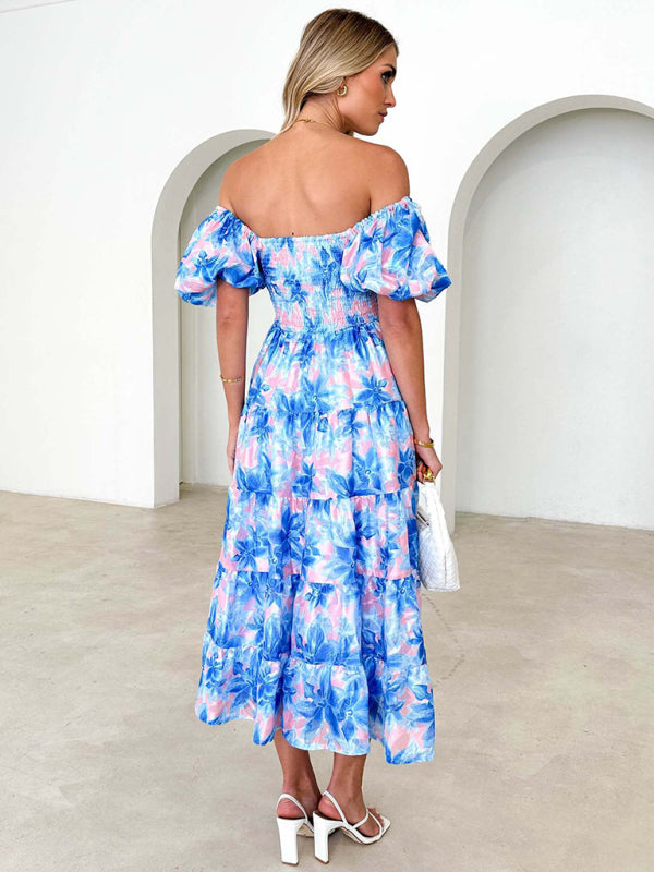 Casual Dresses- Floral Tiered Off Shoulder Smocked A-Line Midi Dress- - IndioGear Fashion and Gear