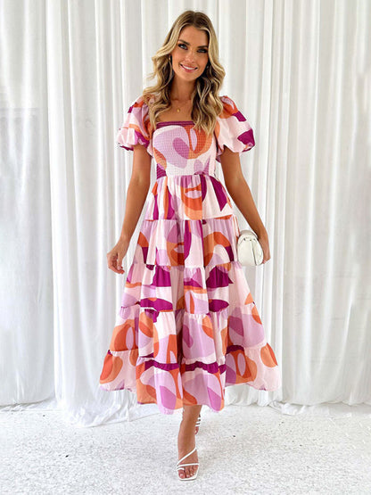 Casual Dresses- Floral Tiered Off Shoulder Smocked A-Line Midi Dress- Purple- IndioGear Fashion and Gear