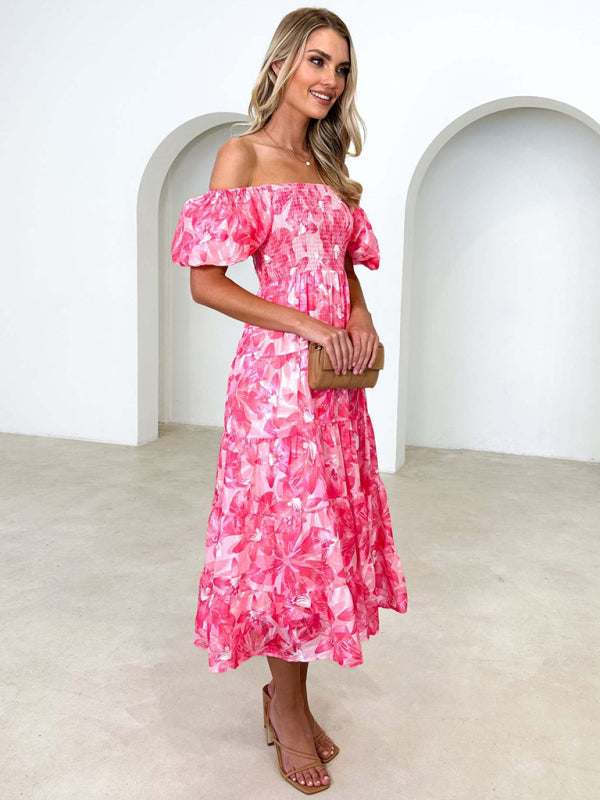 Casual Dresses- Floral Tiered Off Shoulder Smocked A-Line Midi Dress- - IndioGear Fashion and Gear