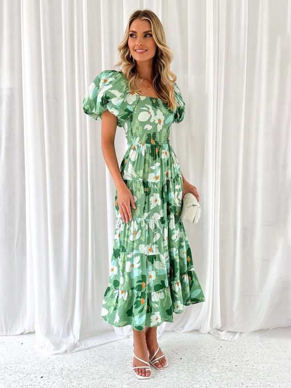 Casual Dresses- Floral Tiered Off Shoulder Smocked A-Line Midi Dress- - IndioGear Fashion and Gear