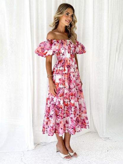 Casual Dresses- Floral Tiered Off Shoulder Smocked A-Line Midi Dress- - IndioGear Fashion and Gear