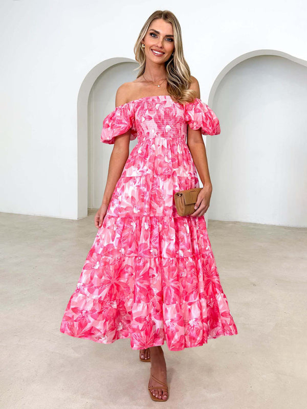 Casual Dresses- Floral Tiered Off Shoulder Smocked A-Line Midi Dress- Pink- IndioGear Fashion and Gear