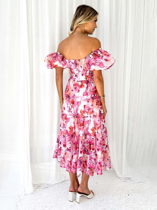 Casual Dresses- Floral Tiered Off Shoulder Smocked A-Line Midi Dress- - IndioGear Fashion and Gear