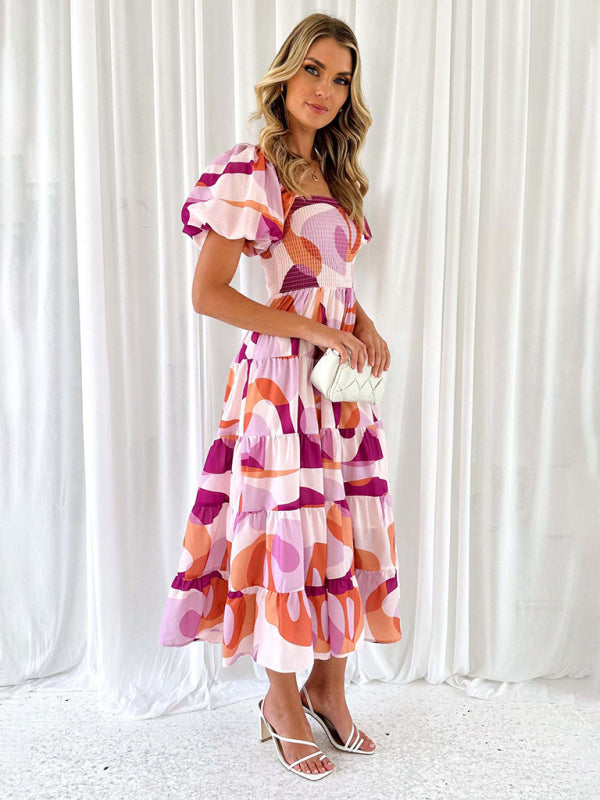 Casual Dresses- Floral Tiered Off Shoulder Smocked A-Line Midi Dress- - IndioGear Fashion and Gear