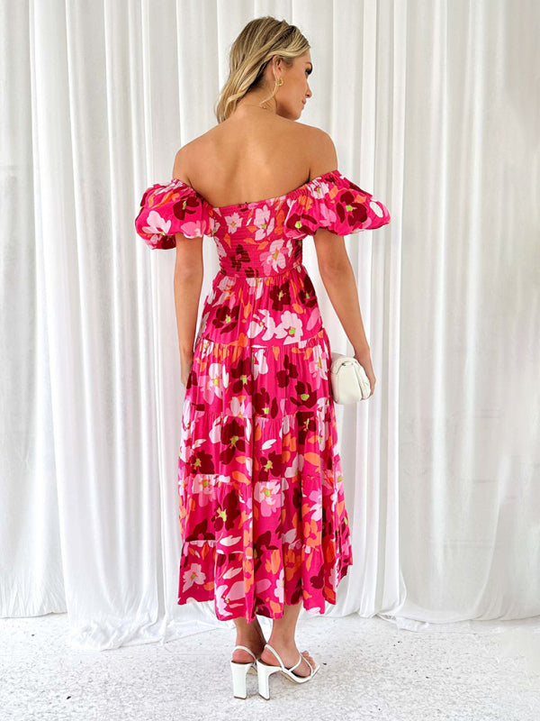 Casual Dresses- Floral Tiered Off Shoulder Smocked A-Line Midi Dress- - IndioGear Fashion and Gear