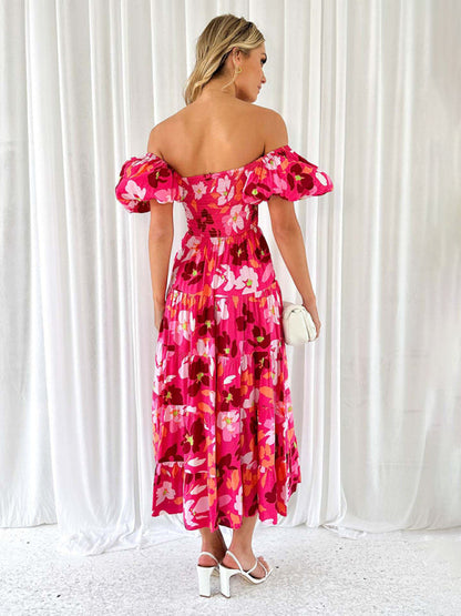 Casual Dresses- Floral Tiered Off Shoulder Smocked A-Line Midi Dress- - IndioGear Fashion and Gear