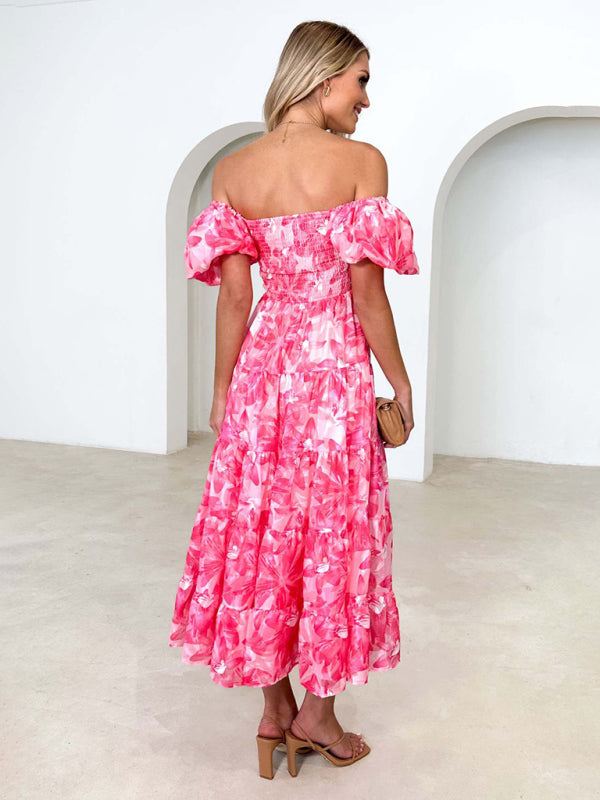 Casual Dresses- Floral Tiered Off Shoulder Smocked A-Line Midi Dress- - IndioGear Fashion and Gear