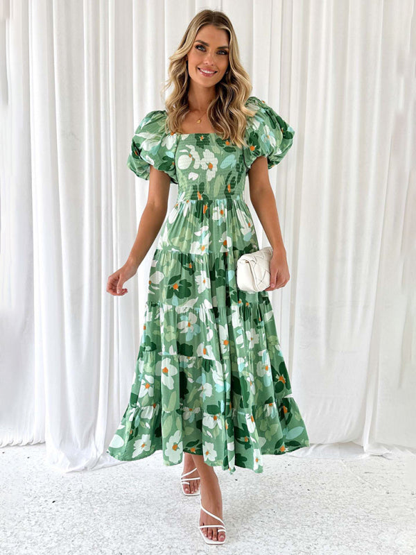 Casual Dresses- Floral Tiered Off Shoulder Smocked A-Line Midi Dress- Pale green- IndioGear Fashion and Gear