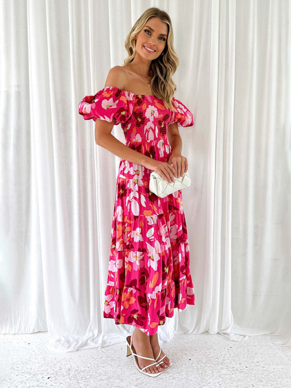 Casual Dresses- Floral Tiered Off Shoulder Smocked A-Line Midi Dress- - IndioGear Fashion and Gear