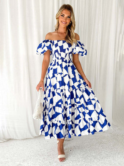 Casual Dresses- Floral Tiered Off Shoulder Smocked A-Line Midi Dress- Blue- IndioGear Fashion and Gear