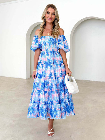 Casual Dresses- Floral Tiered Off Shoulder Smocked A-Line Midi Dress- Sky blue azure- IndioGear Fashion and Gear