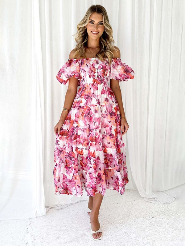 Casual Dresses- Floral Tiered Off Shoulder Smocked A-Line Midi Dress- Rose viole- IndioGear Fashion and Gear